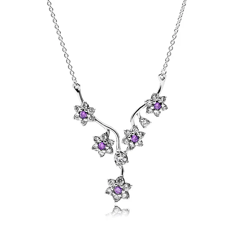 

Pandulaso Forget Me Not Purple Flowers Crystal Pendants Necklaces Fashion Silver 925 Jewelry Choker Necklaces for Women & Girls