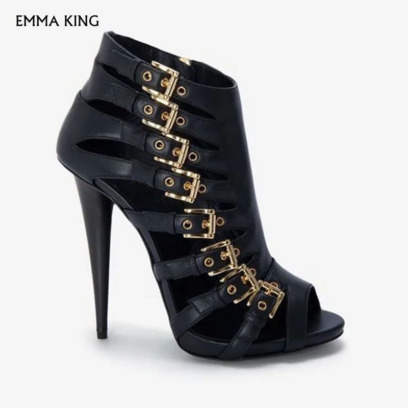 

Black Peep Toe Fashion Summer Boots with Gold Buckles Work Booties Cocktail & Party Fashion Shoes Woman Plus Size Botas Mujer