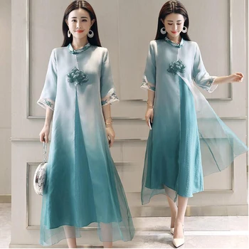 

Chinese Cheongsam Dress Robe Vietnam Ao Dai style gown Dress Chinese elegant embroidered Lotus Qipao long Modern Cheongsam