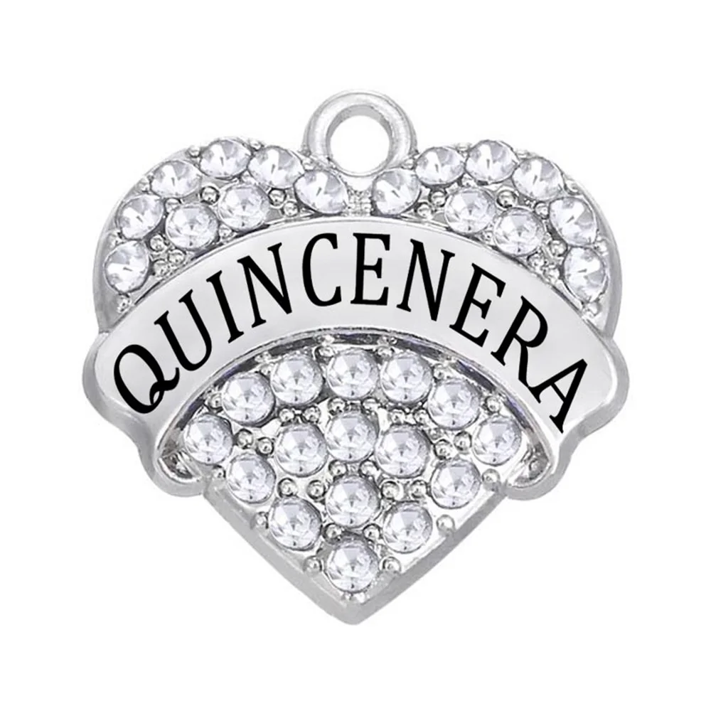 

Trendy Girlish Gift Jewelry QUINCEANERA Word Charm with Heart Shaped Rhinestone Crystal Pendant wholesale
