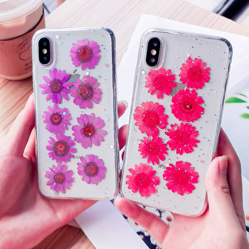 

Real Flowers Dried Flowers Phone Case For iPhone X XS XR XS Max 6 6S 7 8 Plus Glitter Transparent beautiful Soft TPU Back Cover
