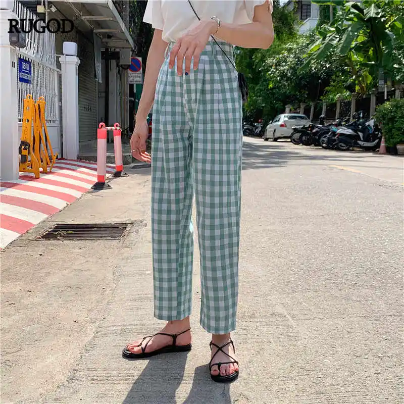 RUGOD брюки женские корейский стиль клетчатые брюки женские повседневные Прямые брюки с высокой талией горячее качество pantalon femme - Цвет: Зеленый