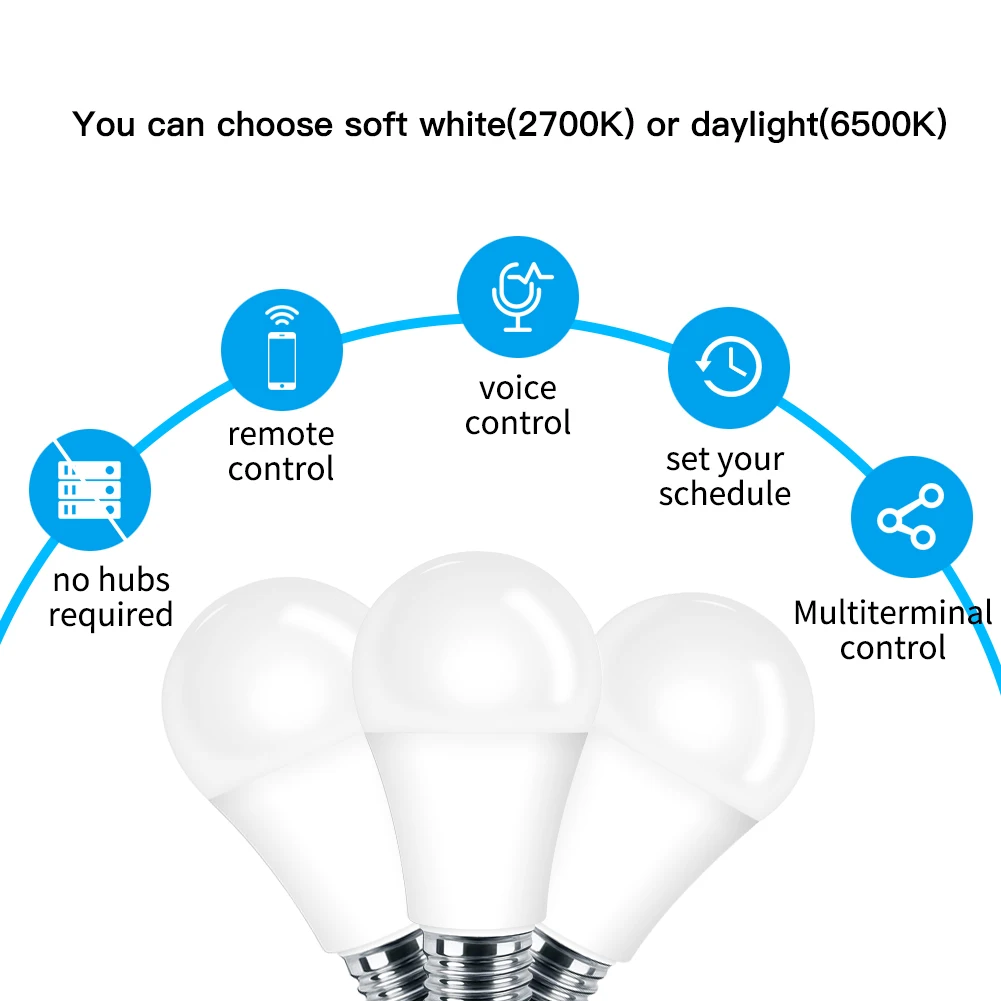 WiFi Smart Light Bulb LED Lamp 7W Soft White Daylight Smart Life/Tuya Remote Control Works with Alexa Echo Google Home E27 E26