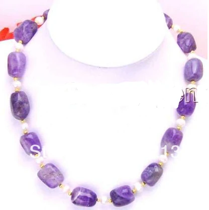 

FREE SHIPPING>>>@@ > N1206 Big 12*16mm Baroque Purple natural Amethyst &6-7mm white pearl 18" necklace