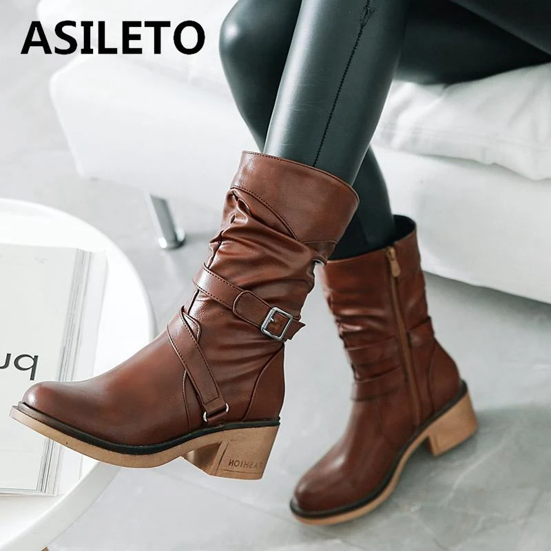 

ASILETO brown ankle boots for women's boot in autumn zip square heels western buckle cylinder winter shoes ladies bottes S766