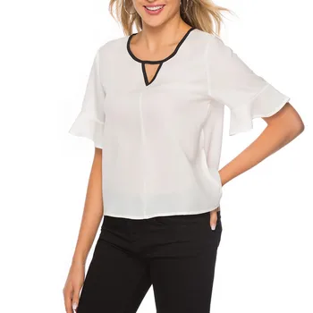 

womens tops and blouses O-Neck Border Hollowing Out Easy Fashion Chiffon Blouse dames kleding blusas mujer de moda 2019