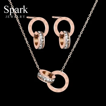 

Spark Fashion Hollow Double Circles Jewelry Sets Women Rose Gold Color Roman Number Stud Earrings Rhinestone Pendant Necklace