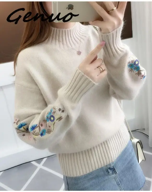 

Genuo 2019 Winter Thick Warm Beautiful Embroidery Turtleneck Sweater Women Long Sleeve Knit Pullover Sweater Female Pull Femme