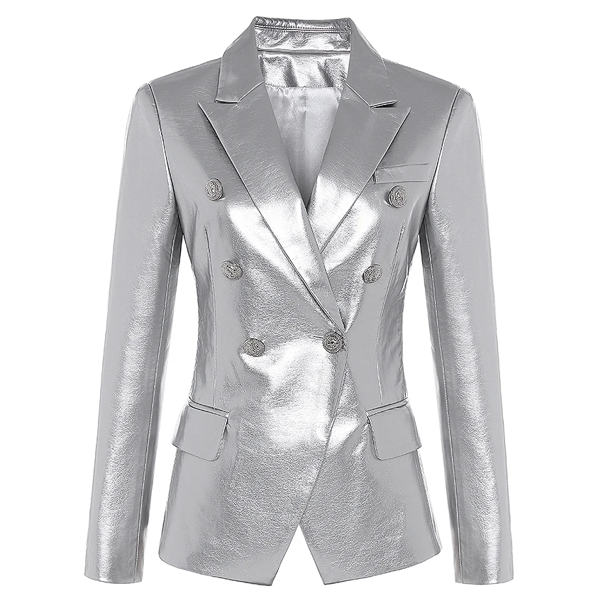 Nieuwste Fall Winter 2020 Designer Blazer Jas Vrouwen Lion Metal Knoppen Double Breasted Synthetisch Leer Blazer Overjas Nieuwste Fall Winter 2020 Designer Blazer Jas Vrouwen Lion Metal Knoppen Double Breasted Synthetisch Leer Blazer Overjas