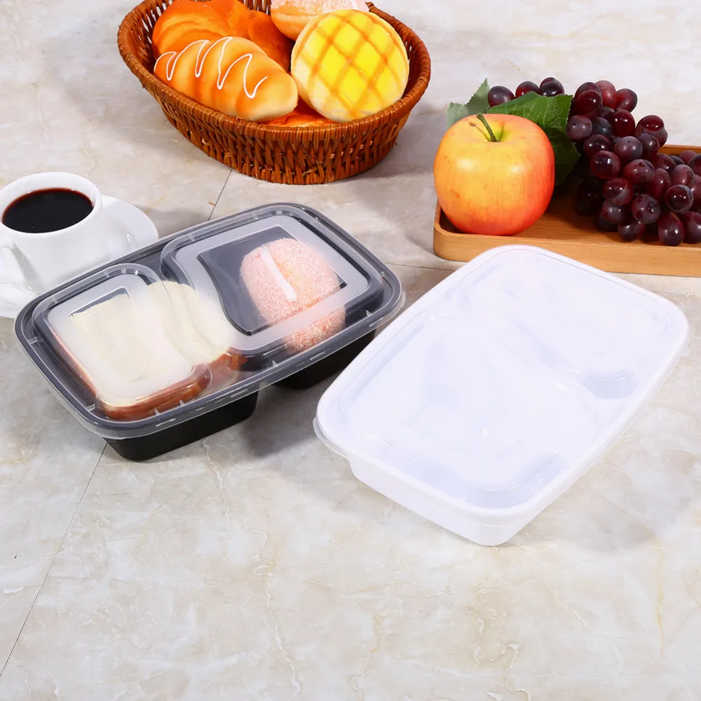 2 отсека для микроволновой печи с подогревом Bento Lunchbox, многоразовые пластиковые контейнеры для хранения продуктов с крышками, черно-белый цвет, набор из 10 шт