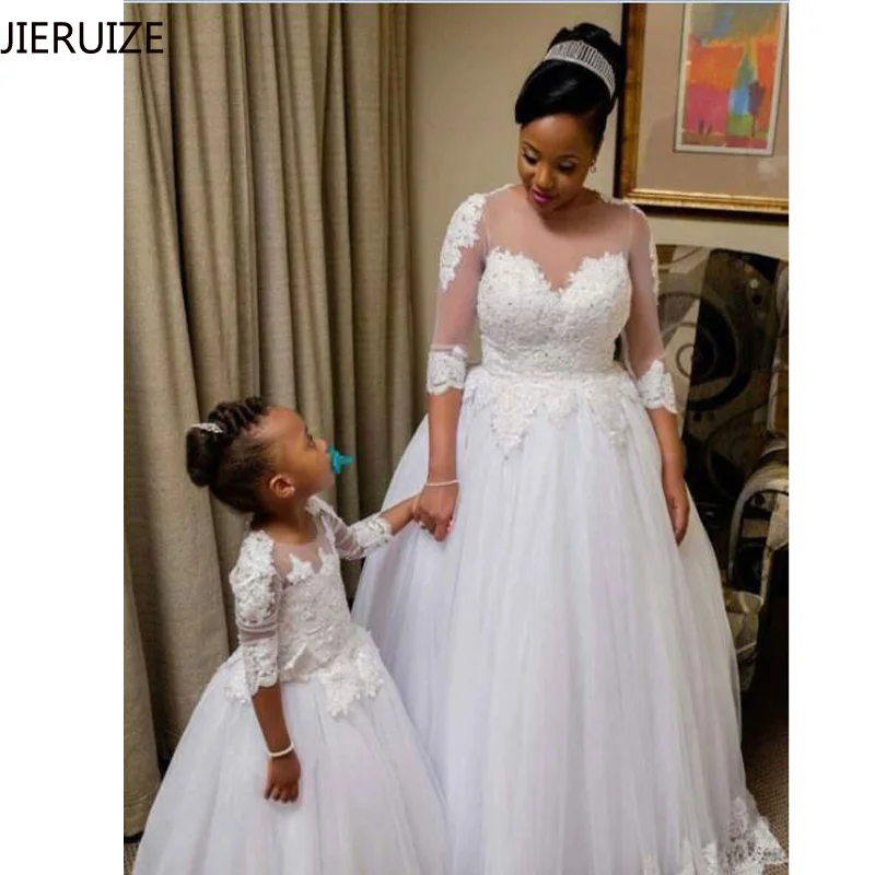 

JIERUIZE White Lace Appliques Ball Gown Wedding Dresses 3/4 Sleeves Beaded Bride Dresses Cheap Wedding Gowns robe mariee