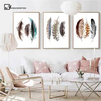 

Watercolor Feathers Abstract Poster Canvas Prints Minimalist Wall Art Painting Decorative Picture for Living Room Nordic Style