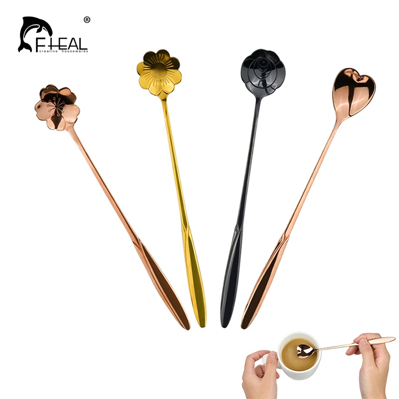 

FHEAL 4pcs/set Stainless Steel Flowers Shaped Stirring Spoon Flatware Ice Tea Dessert Spoon Tableware Kitchen Accessories