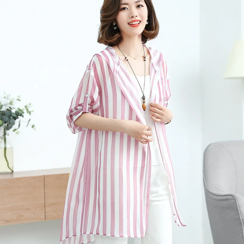 

Woman fashion 2019 long shirt pink casual striped shirts high quality hooded long sleeve blouse ladies top plus size tunic