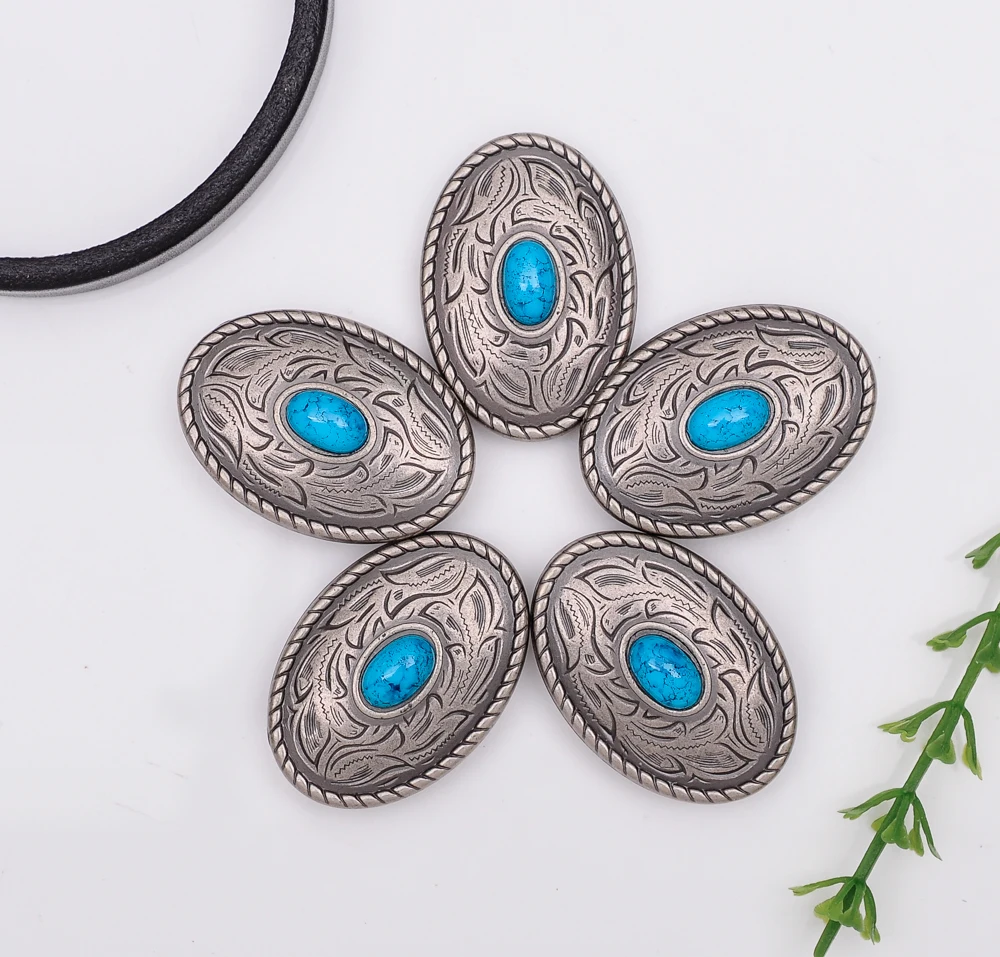 10 шт. 35X25mm старинные серебряные западные Бирюзовый Овальный парад кожа Кончос для