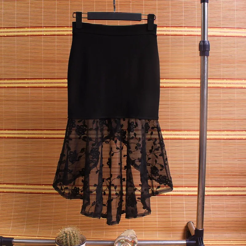 Кружевная декорированная тонкая юбка с высокой талией и рыбьим хвостом, облегающая бедра юбка на весну и осень, асимметричная тонкая юбка на бедрах