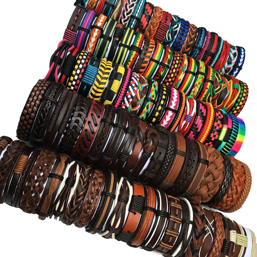 

Wholesale Set Random 50Pcs Multi-color Mix Styles Braided Ethinc Tribal Leather Bracelets For Men Women Pulseira Masculina KP16