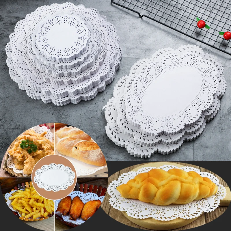 

150pcs/bag Round Oval Lace Paper Cake Mat Tableware Dinner Pad Baking Oil Blotting Paper Cake French Fries Mats Kitchen Supplies