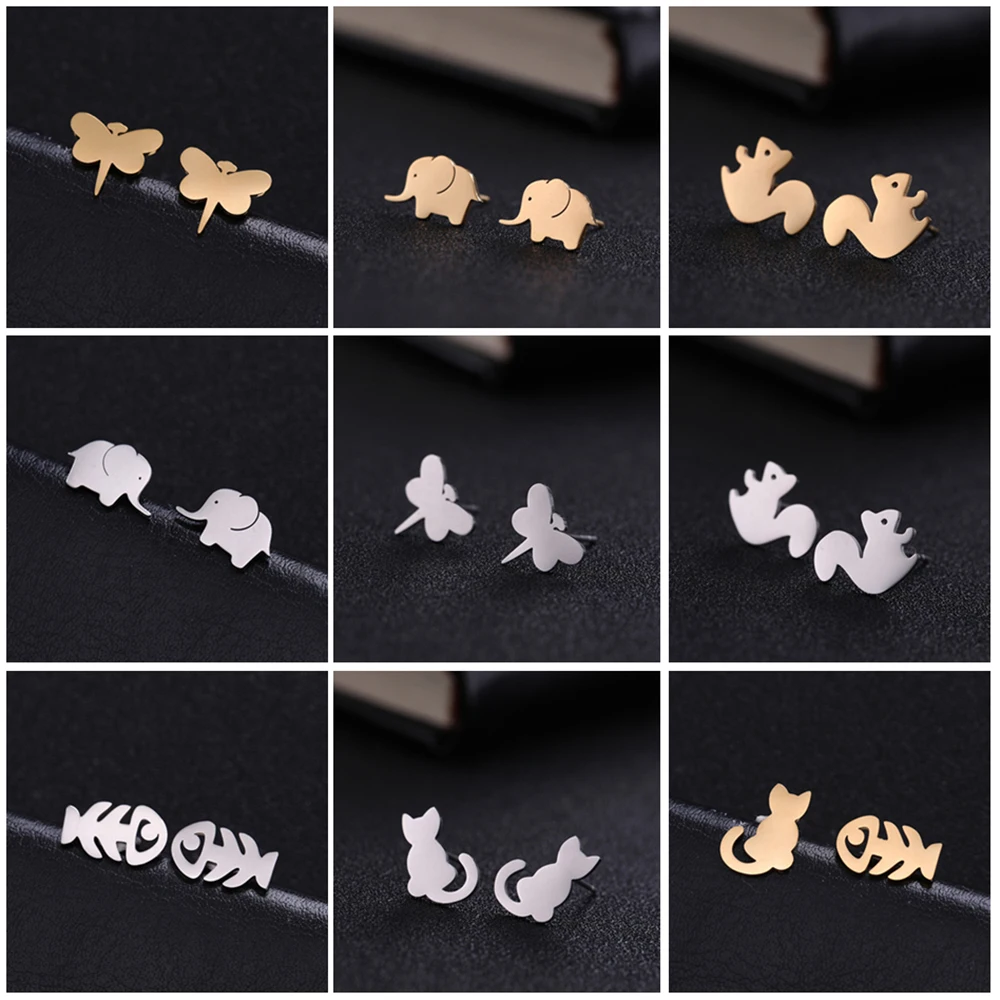 

Teamer Squirrel Elephant Fish Bones Cat Dragonfly Cartoon Animal Earrings Stainless Steel Gold Silver Ear Stud for Women Girls