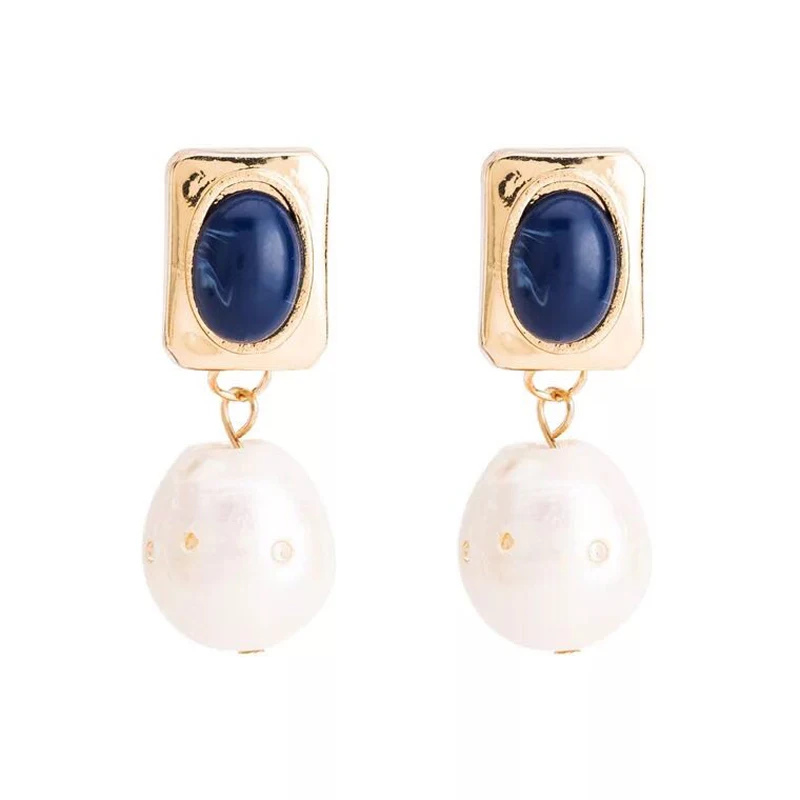 

White Natural Fresh Water Big Baroque Pearls Lapis Lazuli 925 Silver Needle Stud Earrings For Women Engagement Earrings