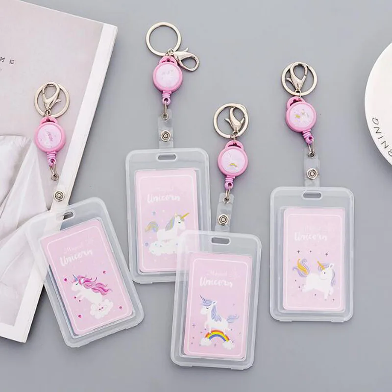 Unicorn Telescopic Transparent Keychain Card Cover Badge Holder Solid Color IC Bus PVC Office School Supplies Korean Stationery