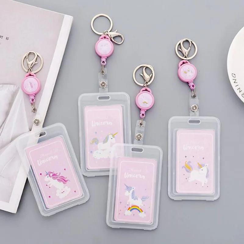 

Unicorn Telescopic Transparent Keychain Card Cover Badge Holder Solid Color IC Card Holder Bus PVC Office Stationery Supplies