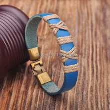 G155 кожаная обложка синего цвета из конопляной ткани плетеный Серфер браслет наручная повязка наручник металлическая застежка Новинка для мужчин
