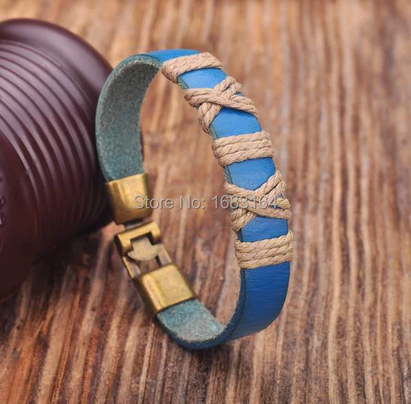 G155 Blue Leather Hemp Braided Surfer Wristband Bracelet Cuff Metal