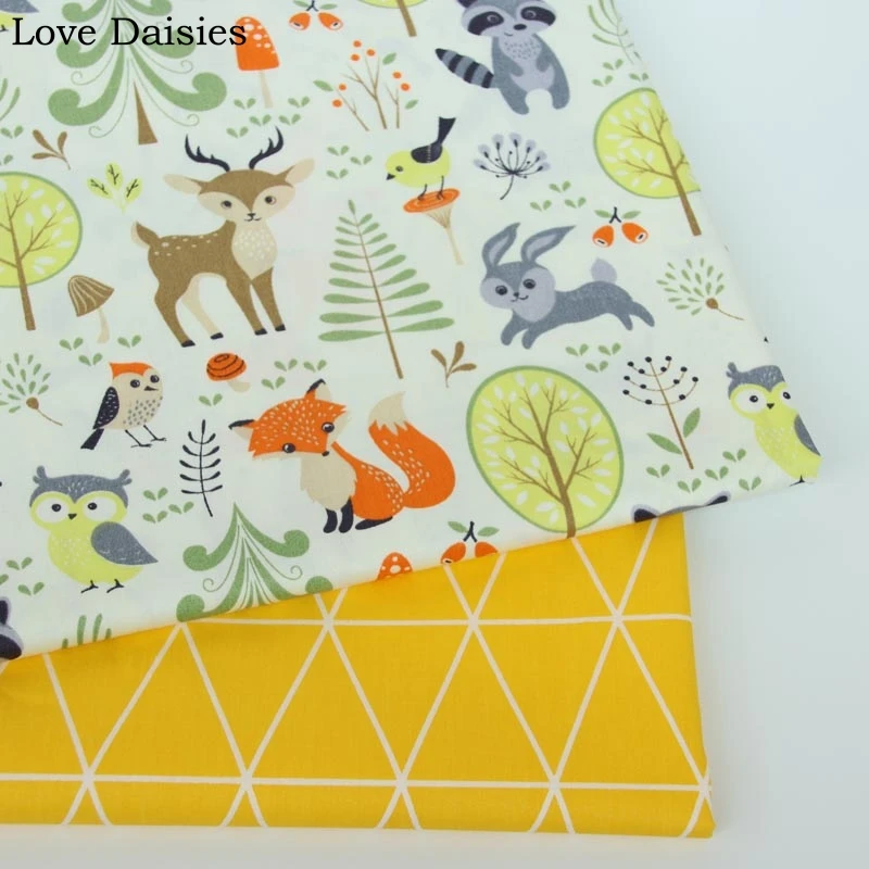Harga 100% Katun Kain Kepar Kartun Putih Hewan Rubah Hutan Rusa Kuning Tri Sudut Kain untuk DIY Anak anak Tempat Tidur lembar Handwork
