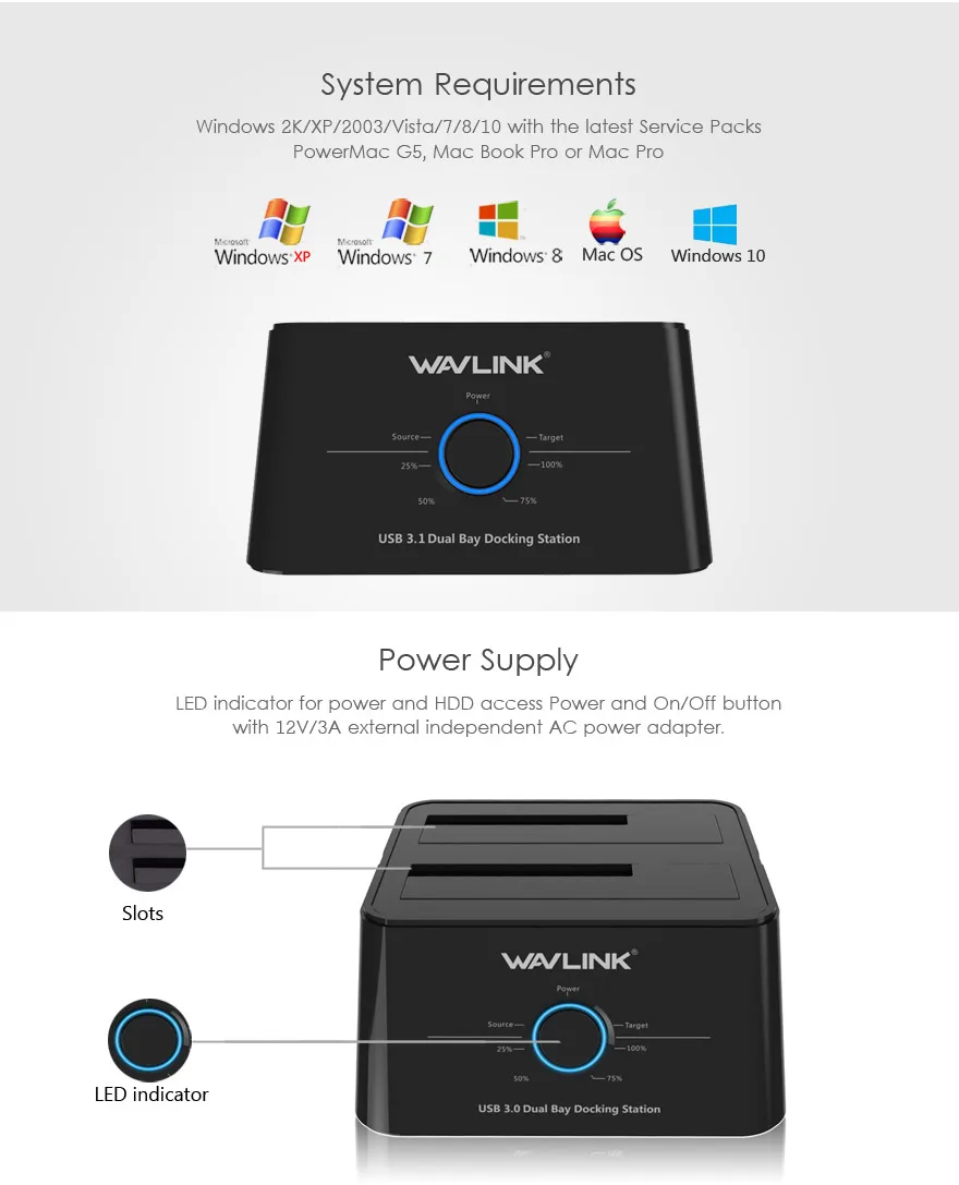 Wavlink USB C 3,1 на SATA Dual Bay внешний жесткий диск Док-станция для 2,5/3," HDD/SSD офлайн Клонирование/Резервное копирование/функции UASP