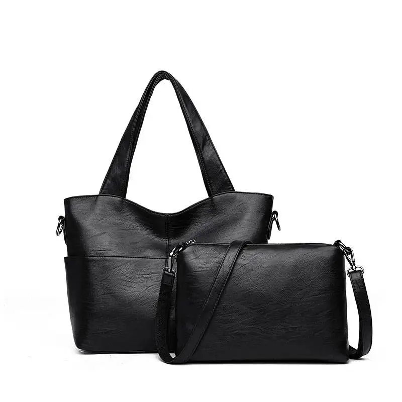 Женская кожаная сумка, повседневная сумка-тоут, сумки через плечо, 2 комплекта, известный бренд, дизайнерские женские сумки-мессенджеры, женская комбинированная сумка - Цвет: Черный