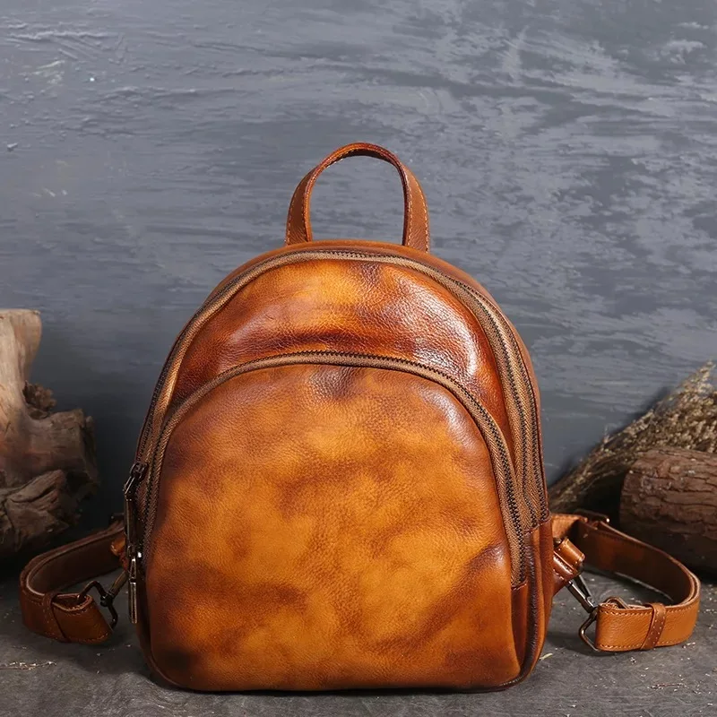 

Handmade Hand Painting Genuine Cow Leather Ladies Retro Brown Small Backpack Cowhide Female Travel Bag Real Leather