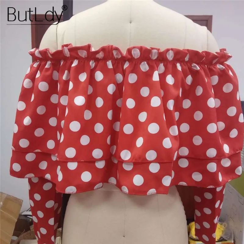  Ruffles Polka Dot Short Shirt Women Sexy Off Shoulder Strapless Crop Tops and Blouses Summer 2019 L