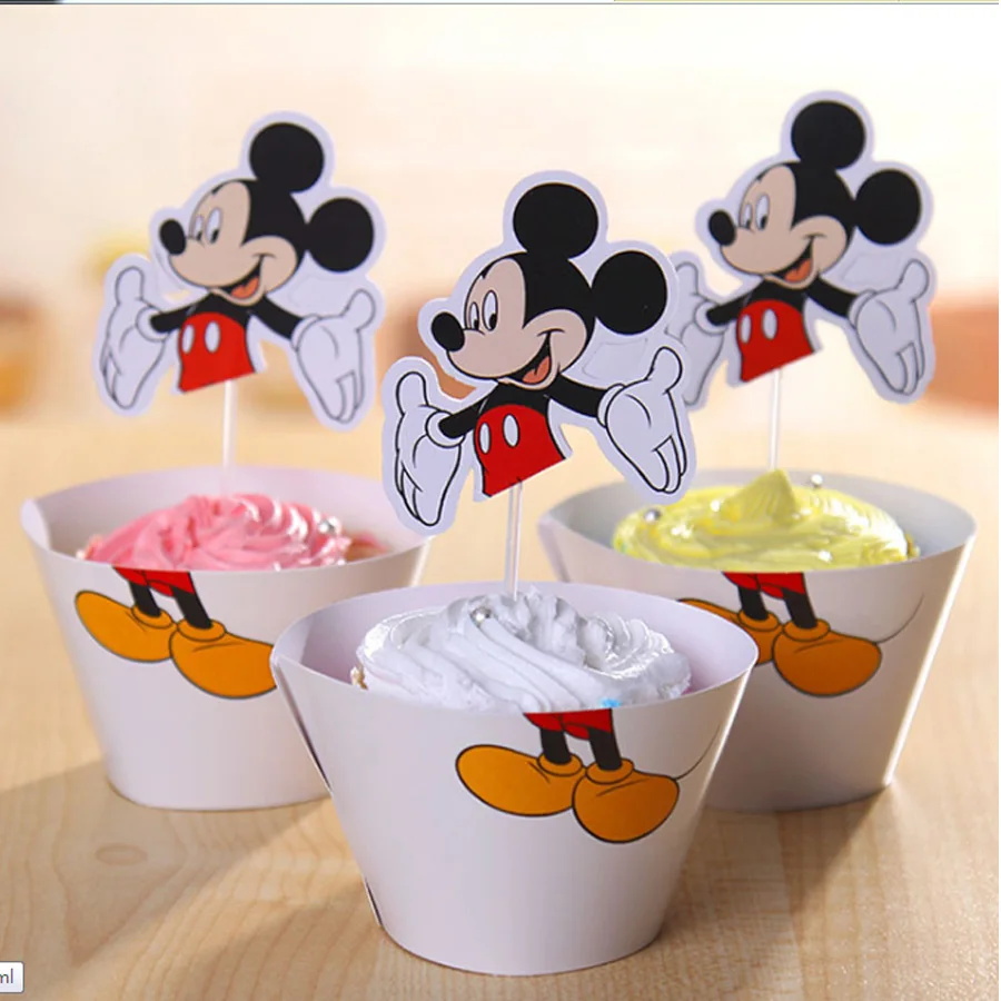 

24pc Mickey Mouse Cupcake Toppers Wrappers Party Supplies Kids Birthday Wedding Baby Shower Cake Mickey Party Decorations Favors