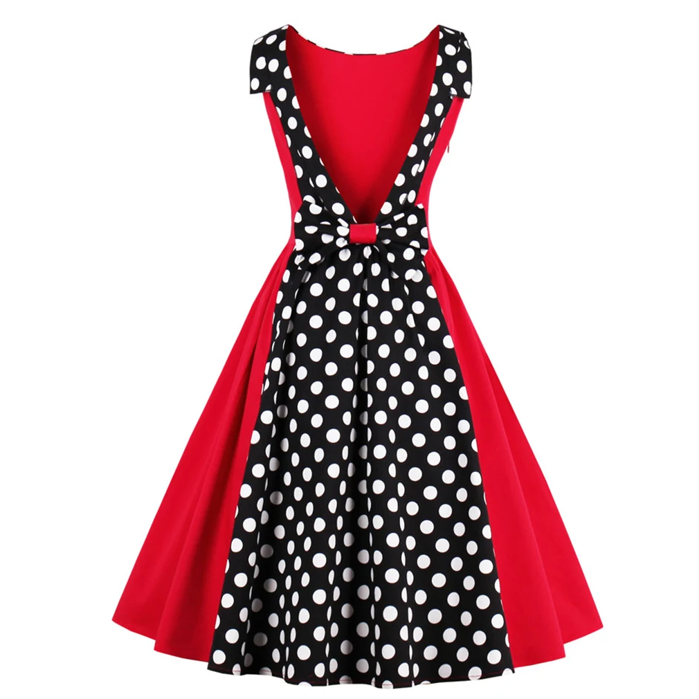 Women Hepburn Vintage Dress Sexy 50s Dot Elegant Summer Dress Patchwork Retro Dress Casual Evening Party Sleeveless Rockabilly
