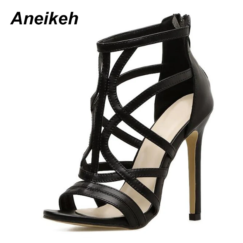 Aneikeh/женские босоножки из искусственной кожи; коллекция года; сезон лето; туфли на высоком каблуке-шпильке с перекрестными ремешками; простая пикантная женская обувь; гладиаторы; цвет черный, абрикосовый - Цвет: Black