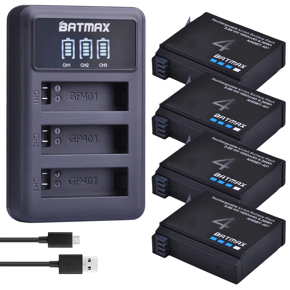 

Batmax 4pcs 1680mAh For Gopro 4 AHDBT-401 Camera Battery+LED 3-Slots USB Charger for Gopro Hero 4 Action camera Accessories