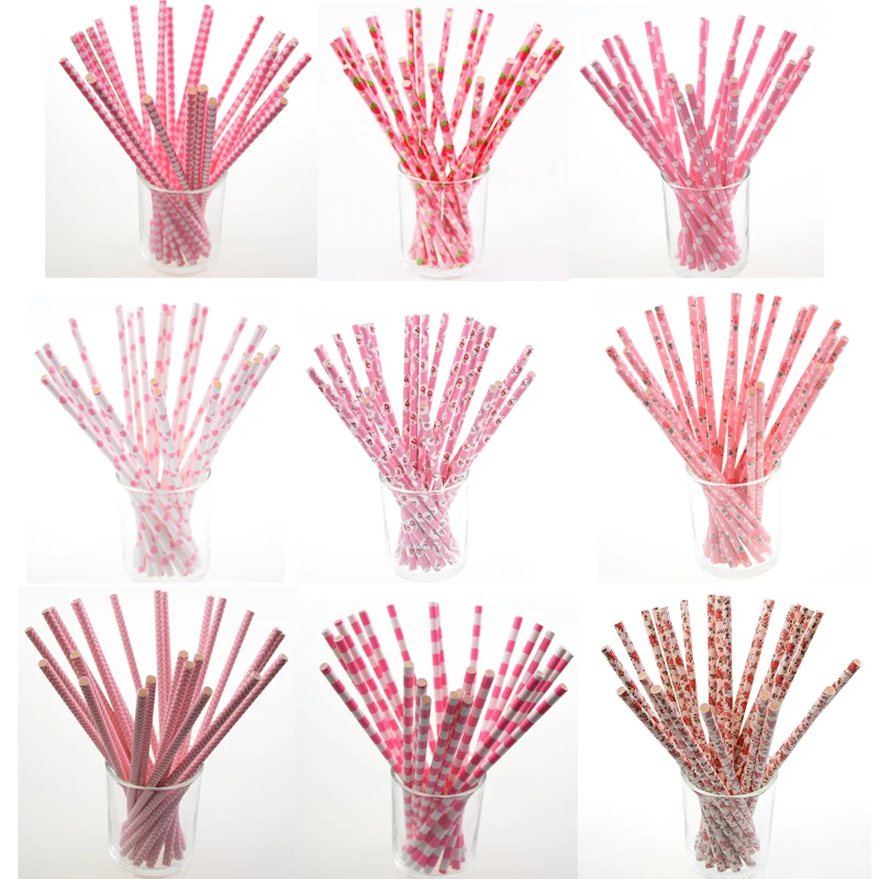 25pcs Pink Paper Drinking Straws Baby Shower Wedding Party Kids Birthday Party Strawberry drinking Paper Straws Xmas