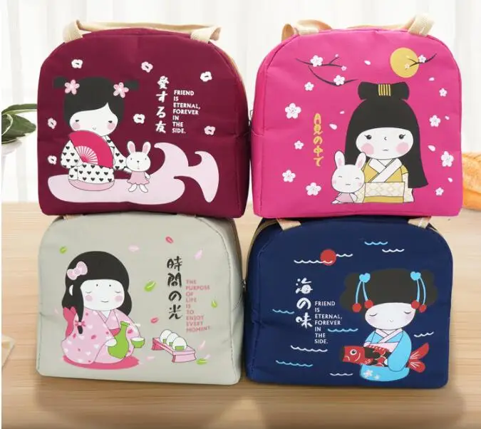 

Cute Cartoon Girl Printing Thermal Insulated Single Lunch Bag Thick Canvas Small Portable Pinic Cooler Bag Women Girls