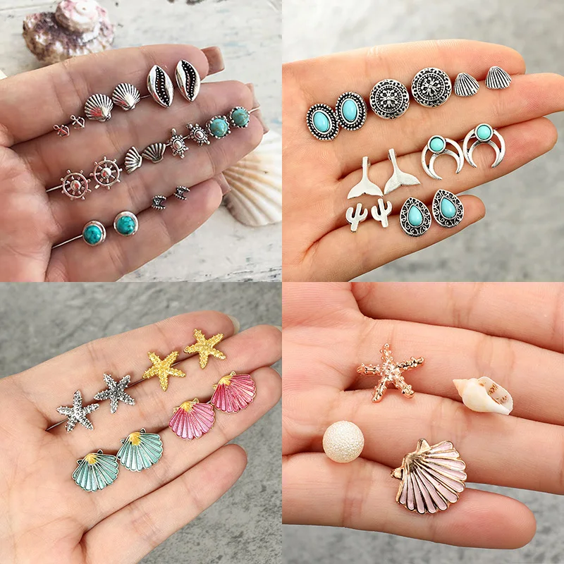 

Bohemian style Shell Turtle Anchor Small Stud Earrings Set For Women Punk Mix Design Geometric Stone Animal Ear Fashion Jewelry