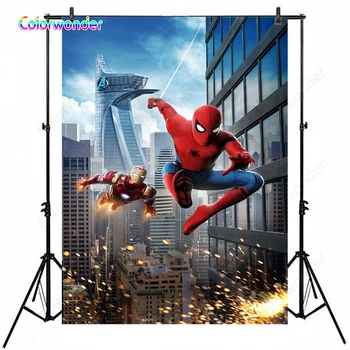 

Super Hero Series Photography Background Spider-Man with Ironman Through the Modern Building 5x7ft Blue Sky Baby Shower Backdrop