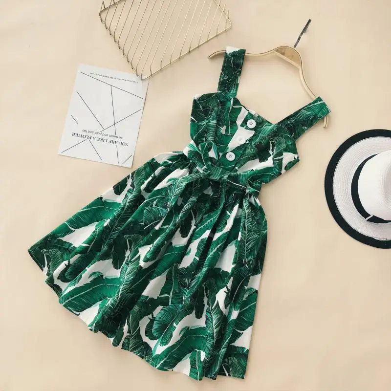 

Women Green Leaves Print Dress Sashes A-Line Beach Dress Spaghetti Strap Sexy Backless Summer Dress