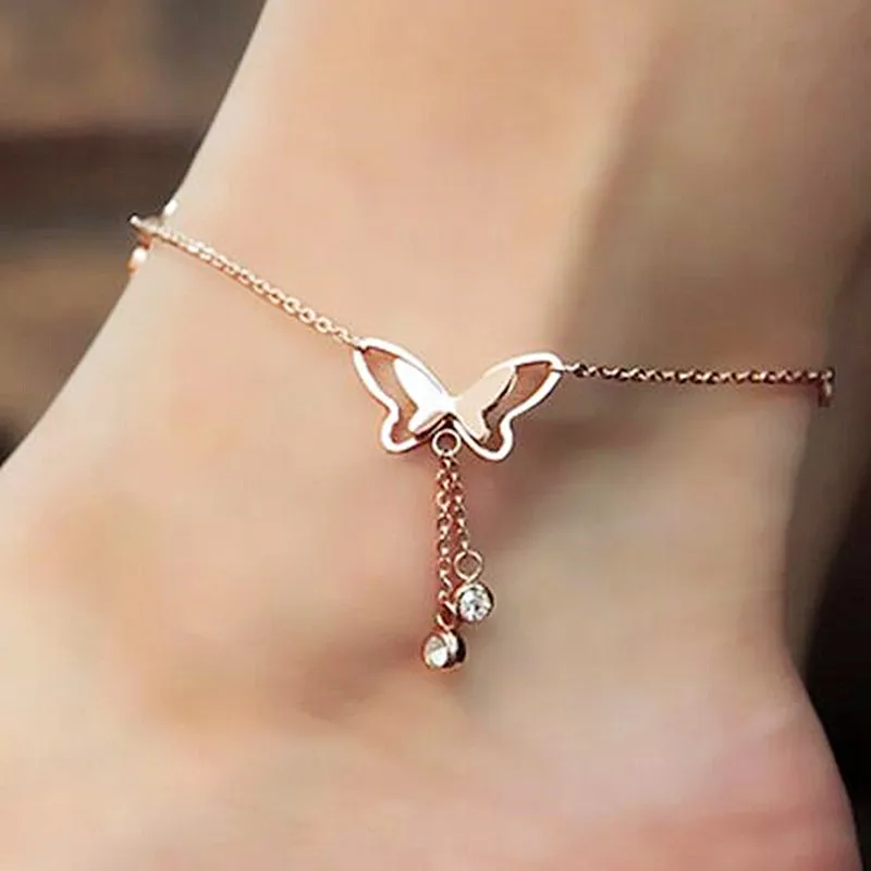 

FishSheep Stainless Steel Rose Gold Color Butterfly Anklets Crystal Chain Foot Charm Bracelets For Women Fashion Ankle Jewelry