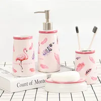 Набор для ванной Фламинго керамический диспенсер для жидкого мыла щетка для унитаза зубная щетка чашки аксессуары 5 шт - Цвет: 4PCS