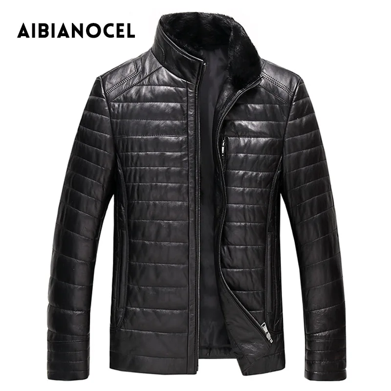 AIBIANOCEL, зимнее Мужское пальто из натуральной кожи, модный кожаный пуховик, мужское кожаное пальто, толстое пальто из натуральной кожи, 52103 - Цвет: down coat leather