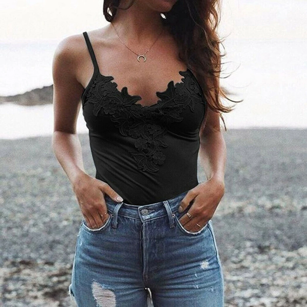 

2019 Women Summer Sexy Lace Patchwork V-Neck Camis Vest Fashion Spaghetti Stap Tee Tank Tops Camisole Shirt Vest Female Blusa