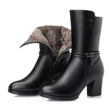 

2019 Winter New Fashion Women's Boots with Thick High Heeled Boots Plus Velvet and Wool Snow Boots Comfort Non-slip Middle Boots