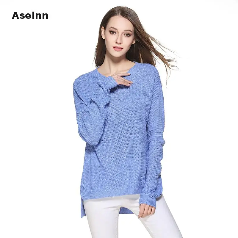 

Aselnn 2019 Elegant Knitted Sweater Spring Pullover Women Tops Slim O Neck Blue Jumper Casual Pull Femme Puls Size