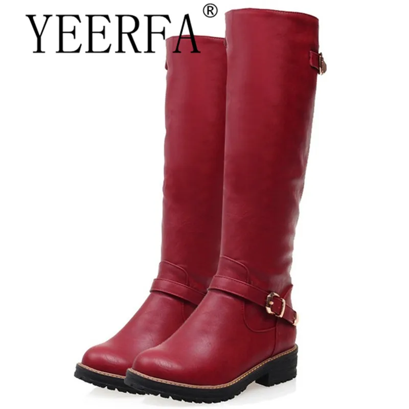 

Winter Boots 2018 Fashion Knee High Boots Women PU Leather Boots Buckle Zipper Low Heel Platform Shoes Woman Long Boots