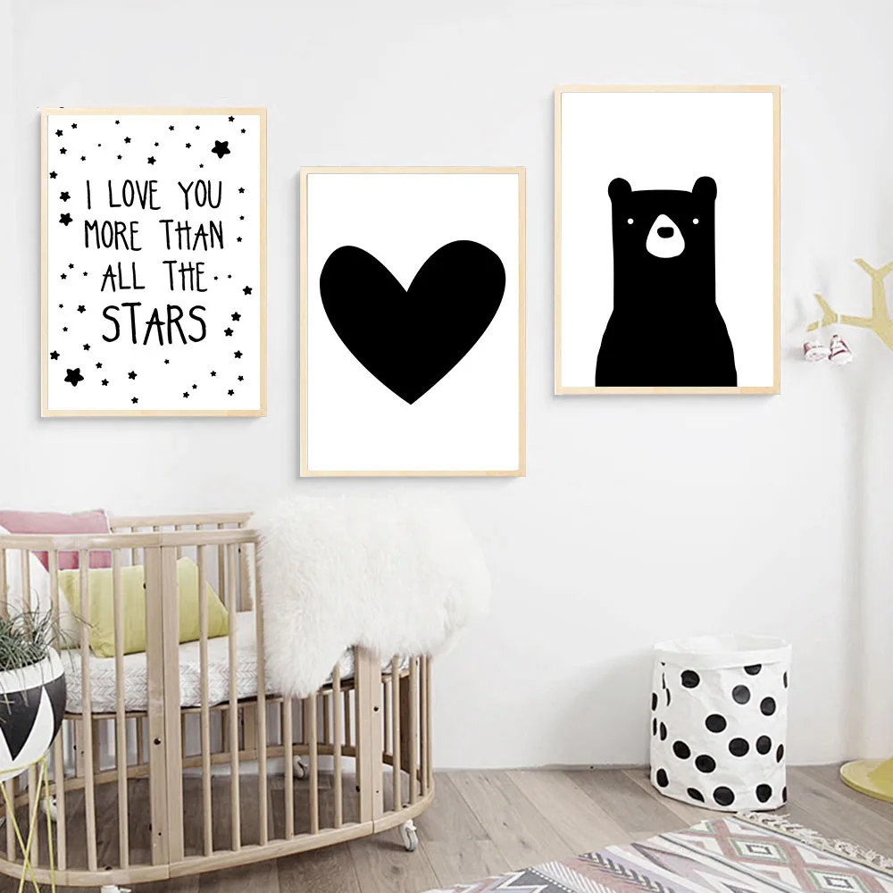 

Painting Abstract Kawaii Black White Bear Heart Cartoon Wall Art Canvas Posters And Prints Nursery Home Decor No Framed